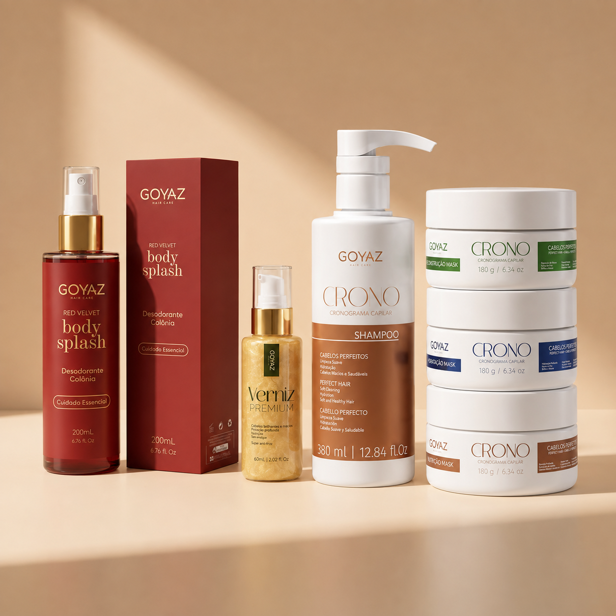 Kit Cronograma Capilar + Verniz Finalizador Premium + Red Velvet Body Splash